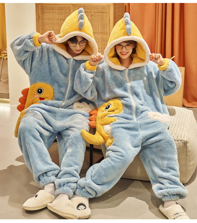 Cute Cartoon Jumpsuit Homewear Couple One-piece Nightgown Coral Fleece Winter Thickened Plush Pajamas For Women Home Clothes - Bellarte Enchanté Cute Cartoon Jumpsuit Homewear Couple One-piece Nightgown Coral Fleece Winter Thickened Plush Pajamas For Women Home Clothes